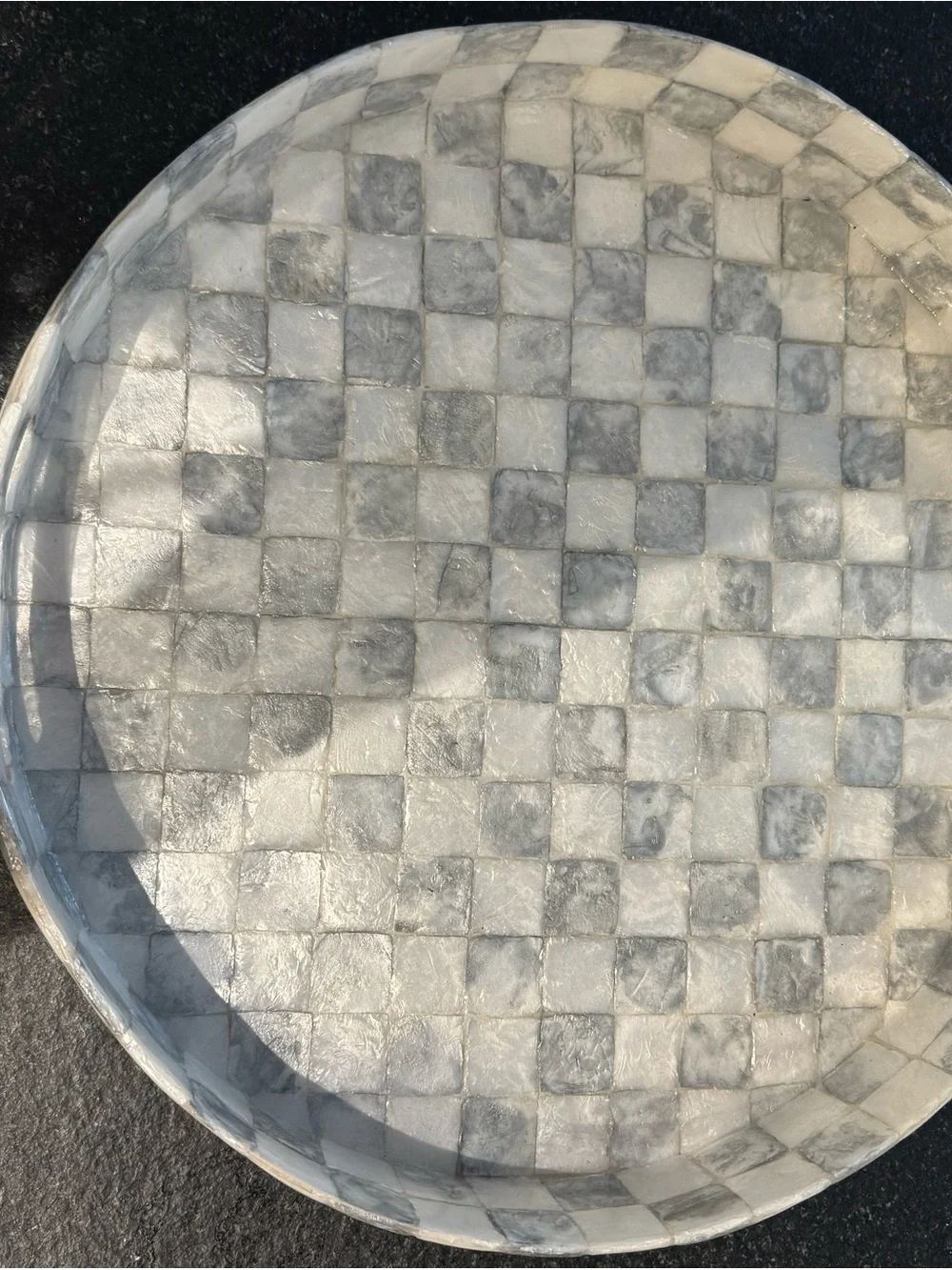 MacKenzie Childs Round Checkerboard Mosaic Tray — White & Gray